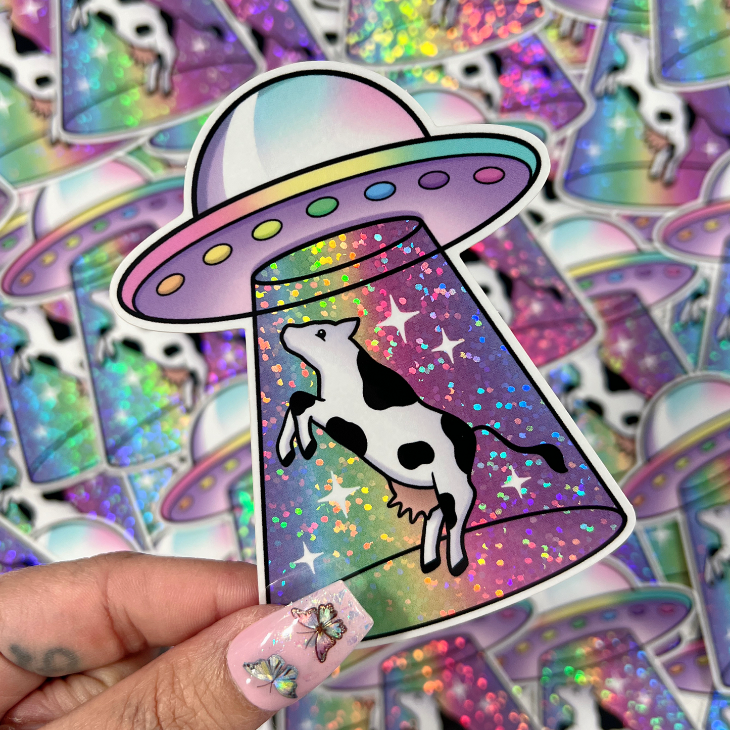 Cow Abduction UFO - Glitter Sticker