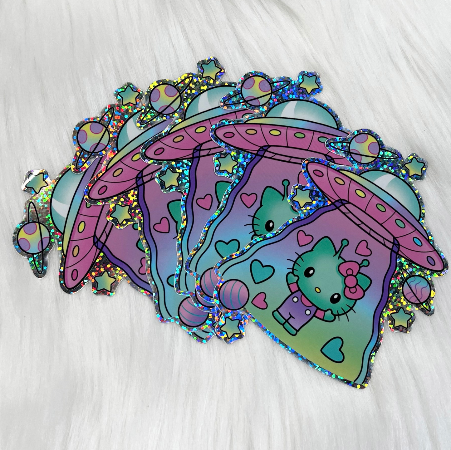 Kitty Abduction - Glitter Sticker