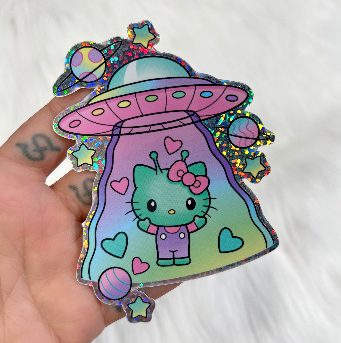 Kitty Abduction UFO - Glitter Sticker