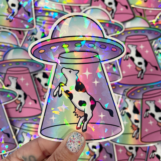 Cow Abduction - Cracked Holographic Sticker